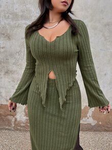 ROMWE PUNK ribete en forma de lechuga Camiseta & de muslo con abertura Falda - Verde militar - Ver 3