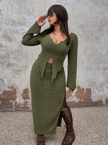 ROMWE PUNK ribete en forma de lechuga Camiseta & de muslo con abertura Falda - Verde militar - Ver 6