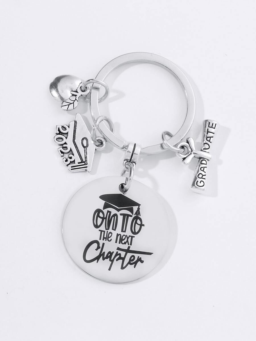 Slogan Detail Round & Graduation Hat Charm Keychain