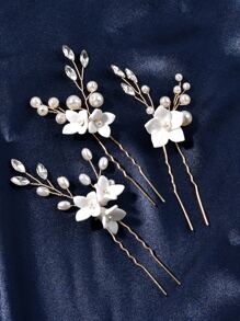 3pcs Flower & Faux Pearl Decor Pottery And Porcelain Wedding Hair Pin - Gold - View 1