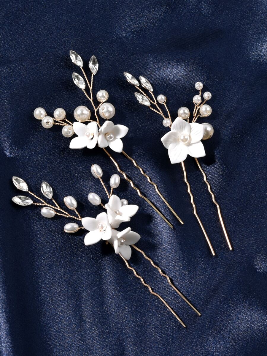 3pcs Flower & Faux Pearl Decor Pottery And Porcelain Wedding Hair Pin - Gold - View 1