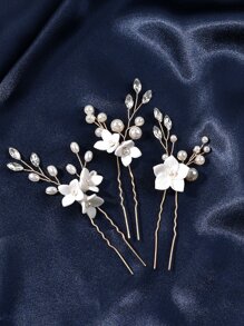 3pcs Flower & Faux Pearl Decor Pottery And Porcelain Wedding Hair Pin - Gold - View 3