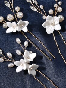 3pcs Flower & Faux Pearl Decor Pottery And Porcelain Wedding Hair Pin - Gold - View 4