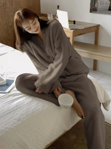 DAZY Drop Shoulder Flannel PJ Set - Coffee Brown - View 1