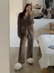 DAZY Drop Shoulder Flannel PJ Set - Coffee Brown - View 4