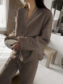 DAZY Drop Shoulder Flannel PJ Set - Coffee Brown - View 5