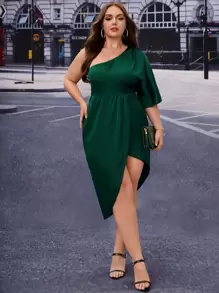 SHEIN Clasi Vestido de un hombro bajo cruzado de satén - Verde Oscuro - Ver 3