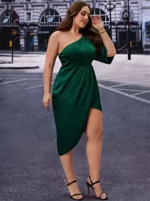 SHEIN Clasi Vestido de un hombro bajo cruzado de satén - Verde Oscuro - Ver 5