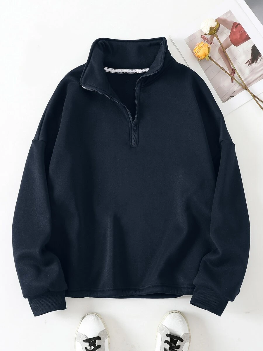 SHEIN EZwear Plus Half Zipper Drawstring Hem Thermal Lined Sweatshirt - Navy Blue - View 1