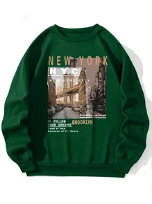 Men Slogan & Picture Print Thermal Lined Sweatshirt - Dark Green - View 1