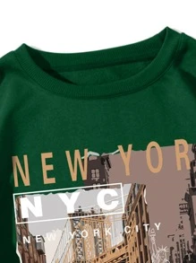 Men Slogan & Picture Print Thermal Lined Sweatshirt - Dark Green - View 5