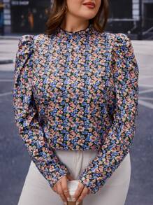 SHEIN Clasi Blusa con estampado floral ribete fruncido con cordón trasero de manga farol - Multicolor - Ver 3