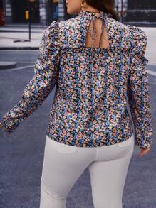 SHEIN Clasi Blusa con estampado floral ribete fruncido con cordón trasero de manga farol - Multicolor - Ver 2