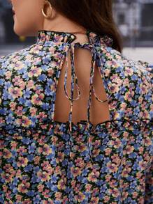 SHEIN Clasi Blusa con estampado floral ribete fruncido con cordón trasero de manga farol - Multicolor - Ver 5