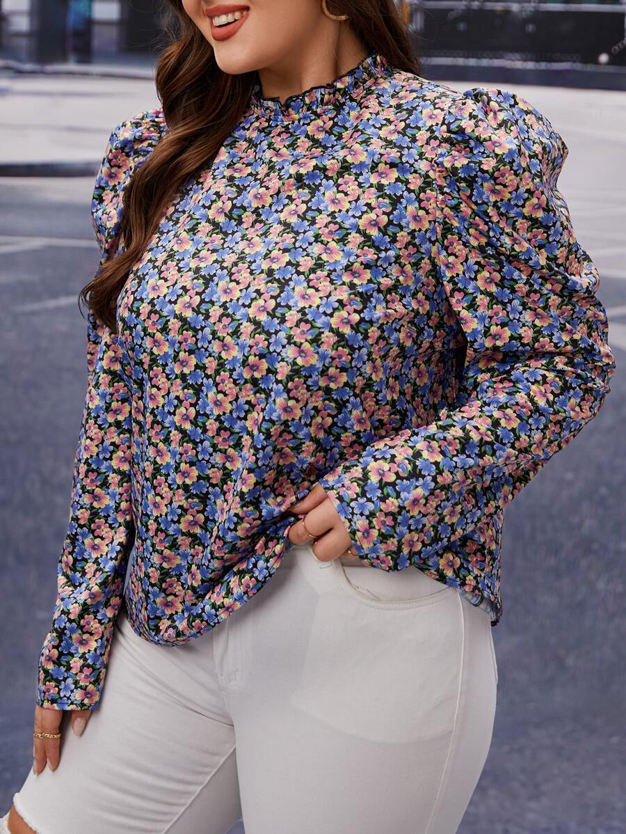 SHEIN Clasi Blusa con estampado floral ribete fruncido con cordón trasero de manga farol - Multicolor - Ver 1