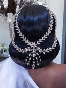 純玻璃鑲嵌頭飾套裝,包含金色流蘇頭飾、新娘頭帶、額頭吊墜、髮夾和耳環,適用於婚禮