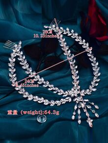 純玻璃鑲嵌頭飾套裝,包含金色流蘇頭飾、新娘頭帶、額頭吊墜、髮夾和耳環,適用於婚禮