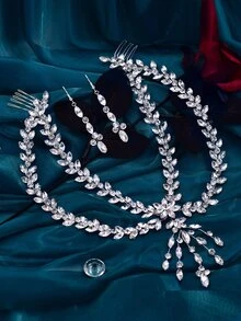 純玻璃鑲嵌頭飾套裝,包含金色流蘇頭飾、新娘頭帶、額頭吊墜、髮夾和耳環,適用於婚禮