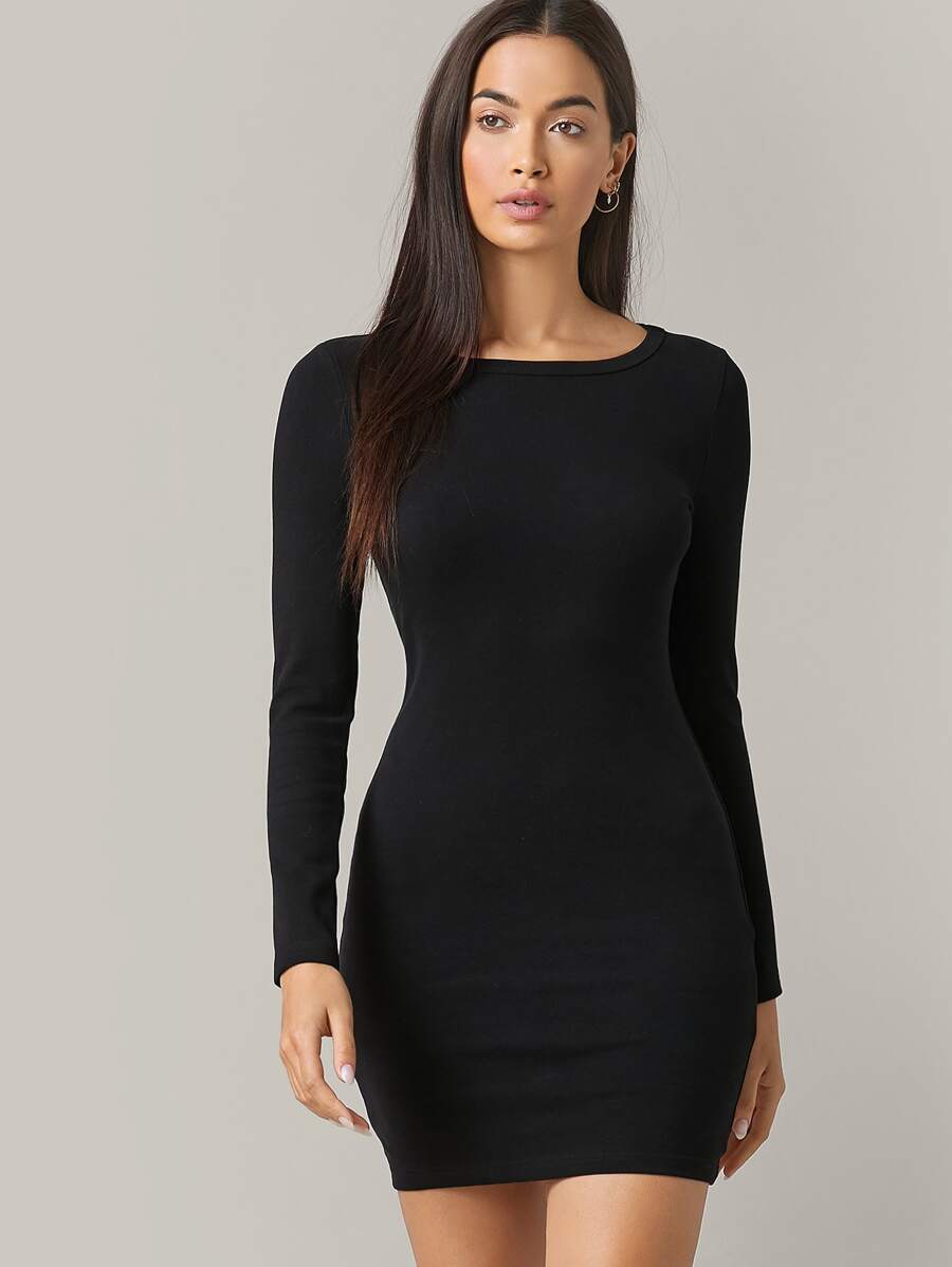 Cottnline Solid Round Neck Bodycon Dress - Black - View 1