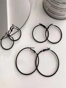 3對極簡風格圓耳環 - 黑色 - 查看 2