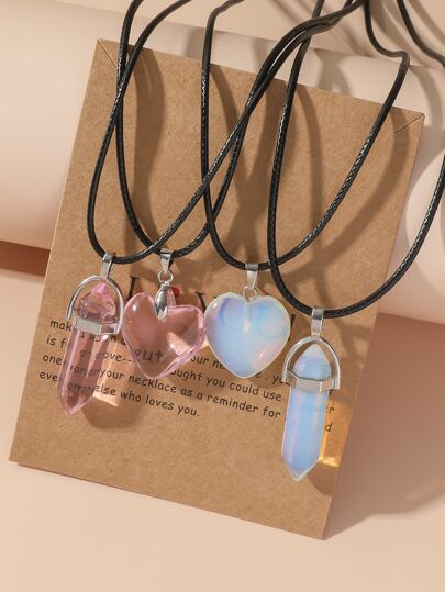 4pcs Luminous Multicolor Crystal Heart Shaped Glass Stone Best Friends Gift Couple Necklace, Suitable For Women's Daily Wearing Valentines,Mom,Mother,Mother's Day,Gift