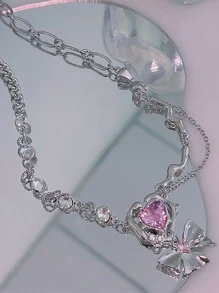 Rhinestone Heart Decor Bow Pendant Necklace - Multicolor - View 1