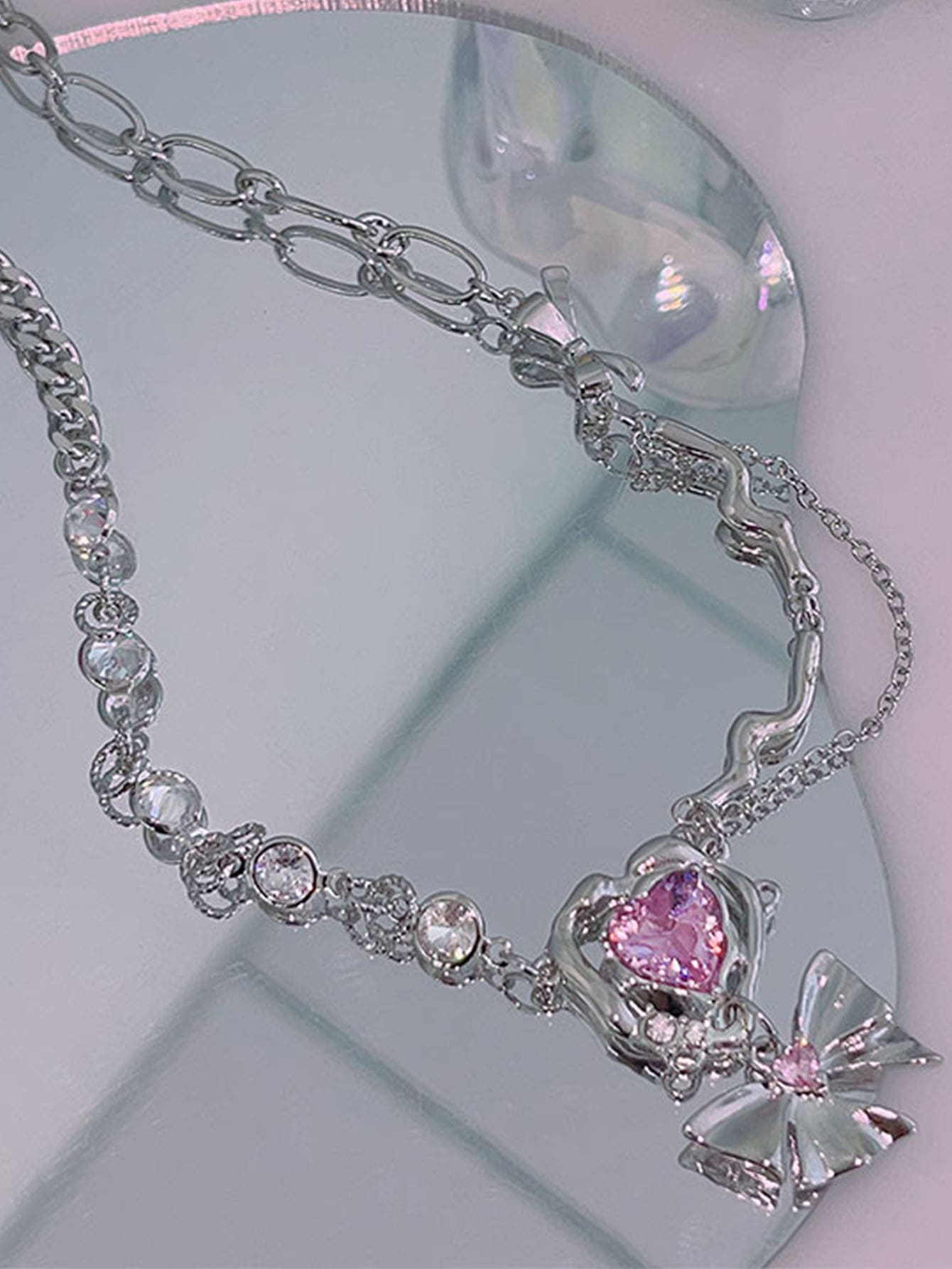 Rhinestone Heart Decor Bow Pendant Necklace - Multicolor - View 1