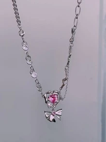 Rhinestone Heart Decor Bow Pendant Necklace - Multicolor - View 4