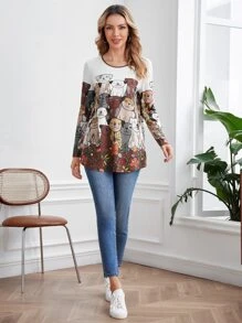 SHEIN LUNE Cartoon Graphic Longline Tee - Multicolor - View 3