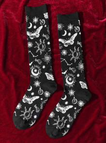 ROMWE Goth Butterfly & Sun Pattern Socks - Black - View 4
