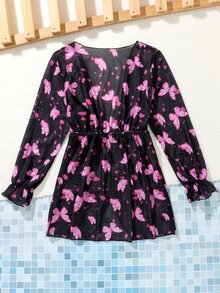 女孩蝴蝶圖案腰部抽繩和服罩衫