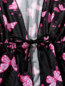 女孩蝴蝶圖案腰部抽繩和服罩衫