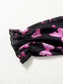 女孩蝴蝶圖案腰部抽繩和服罩衫