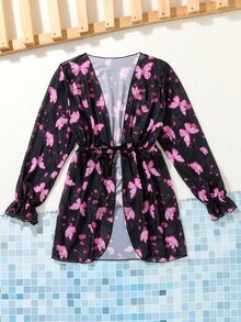 女孩蝴蝶圖案腰部抽繩和服罩衫