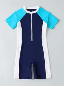 Boys Colorblock Zipper Front One Piece Swimsuit - Blue and White - View 1