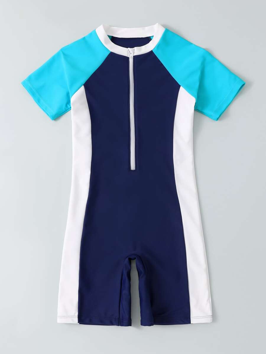 Boys Colorblock Zipper Front One Piece Swimsuit - Blue and White - View 1