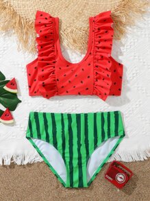 Conjunto de bikini con estampado de sandía y ribete de volantes para niña preadolescente, playa de verano - Multicolor - Ver 1