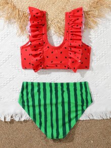 Conjunto de bikini con estampado de sandía y ribete de volantes para niña preadolescente, playa de verano - Multicolor - Ver 2