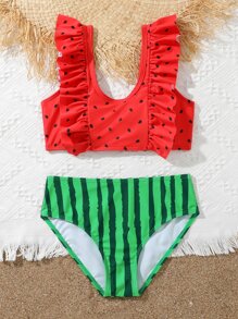 Conjunto de bikini con estampado de sandía y ribete de volantes para niña preadolescente, playa de verano - Multicolor - Ver 5