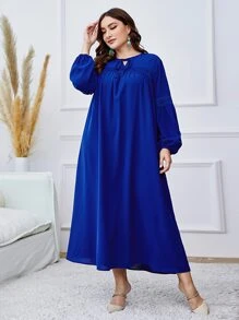 Mulvari 大碼繫帶領燈籠袖連衣裙 - 寶藍色 - 查看 4