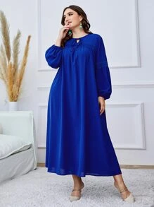 Mulvari 大碼繫帶領燈籠袖連衣裙 - 寶藍色 - 查看 1