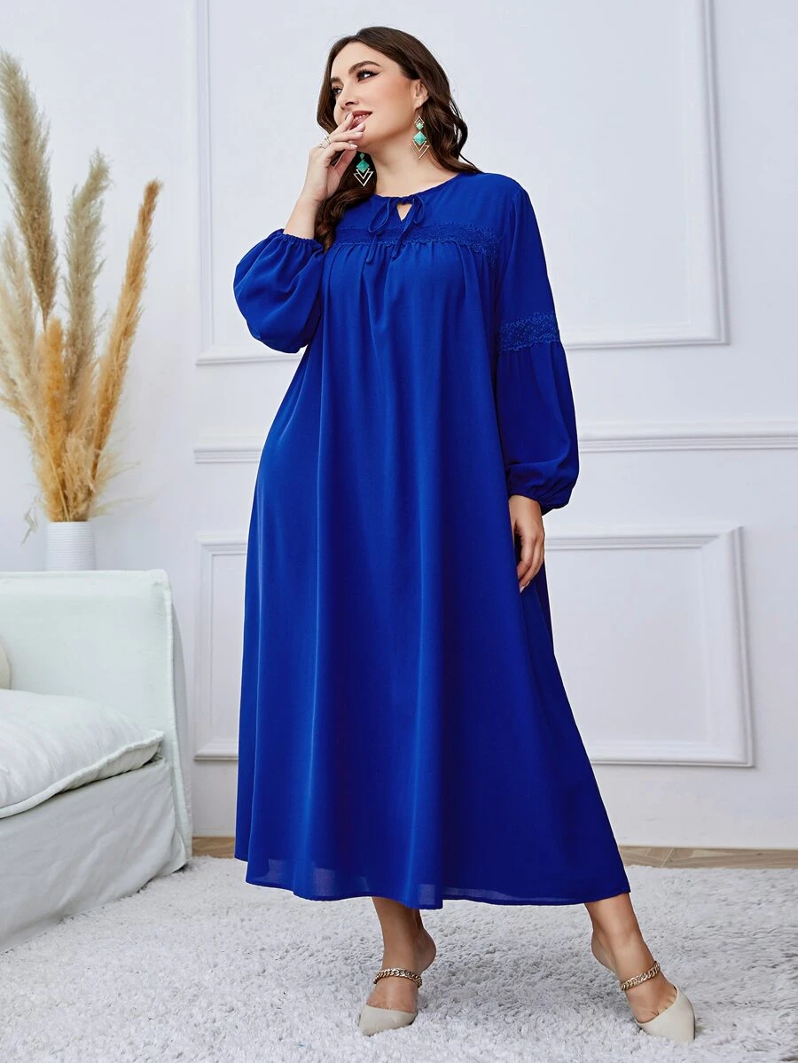 Mulvari 大碼繫帶領燈籠袖連衣裙 - 寶藍色 - 查看 1