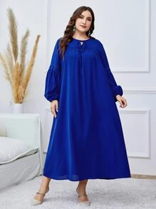 Mulvari 大碼繫帶領燈籠袖連衣裙 - 寶藍色 - 查看 3