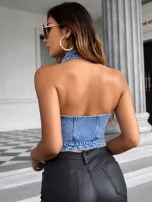 前扣式挂脖牛仔上衣 - 淺色水洗藍 - 查看 2