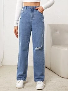 SHEIN Teen Girls Ripped Slant Pocket Straight Leg Jeans - Light Wash - View 1