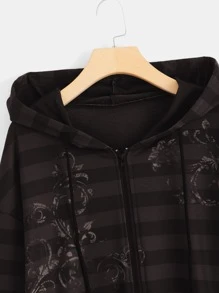 ROMWE Fairycore Striped Graphic Zip Up Drawstring Hoodie - Multicolor - View 6