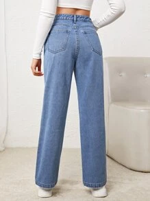 SHEIN Teen Girls Ripped Slant Pocket Straight Leg Jeans - Light Wash - View 2