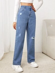 SHEIN Teen Girls Ripped Slant Pocket Straight Leg Jeans - Light Wash - View 3