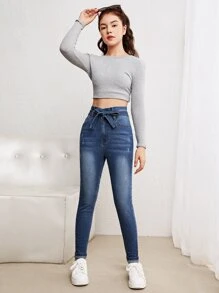 SHEIN 青少年女孩紙袋腰腰帶牛仔褲 - 深色水洗藍 - 查看 4