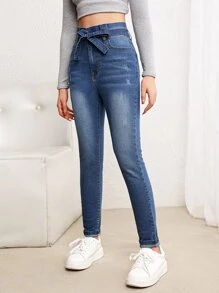 SHEIN 青少年女孩紙袋腰腰帶牛仔褲 - 深色水洗藍 - 查看 5